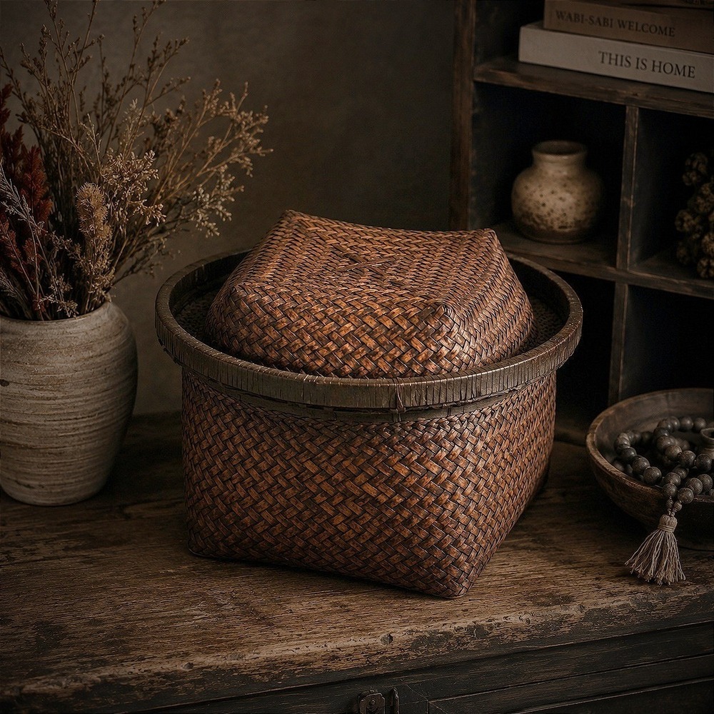 Vintage Woven Rattan Basket w Lid – Boho Rustic Decor
